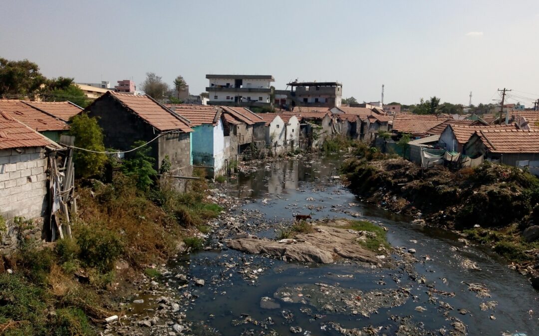 A polluted view of Noyyal River with urban hamlets along its banks