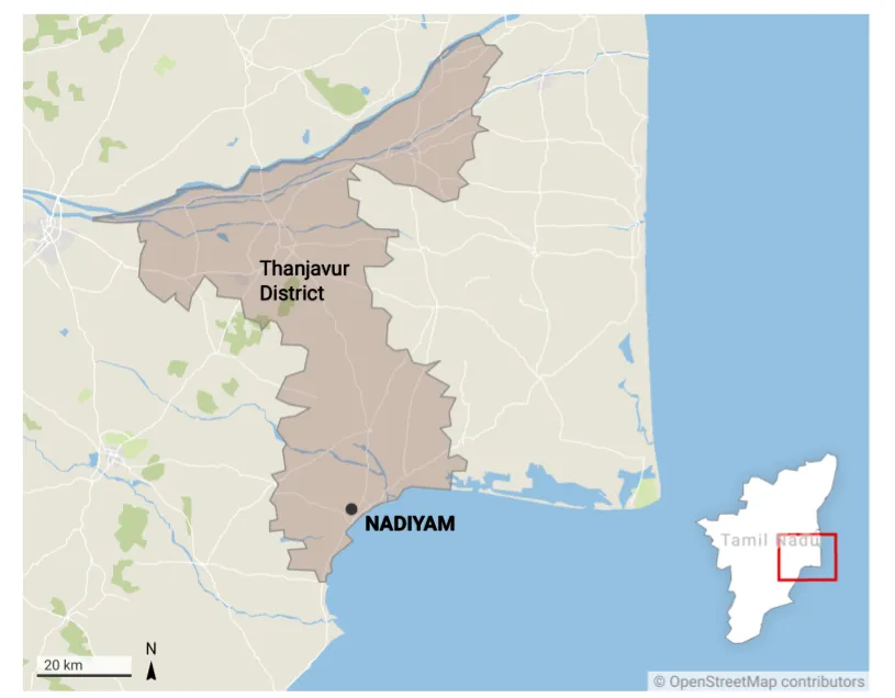 A map of Nadiyam showing its location in Thanjavur district of Tamil Nadu