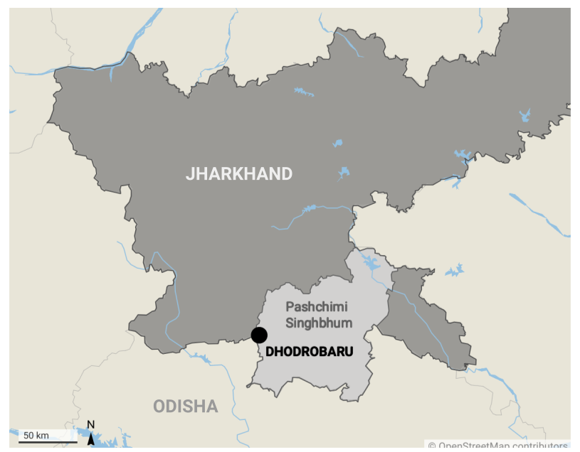 A map showing the location of Dhodrobaru(Field visit site) in Jharkhand state.