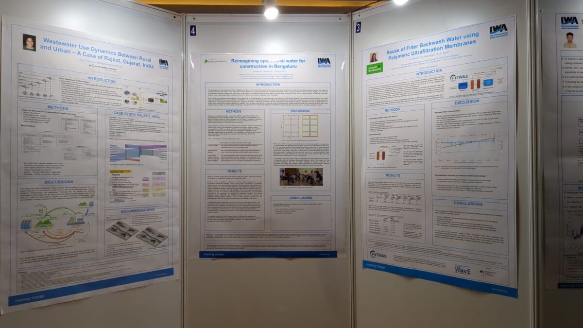 A poster (centre) depicting researchers Shashank Palur and Sneha Singh's work on using treated wastewater for construction, on display at the 13th IWA conference in Chennai in January 2023.