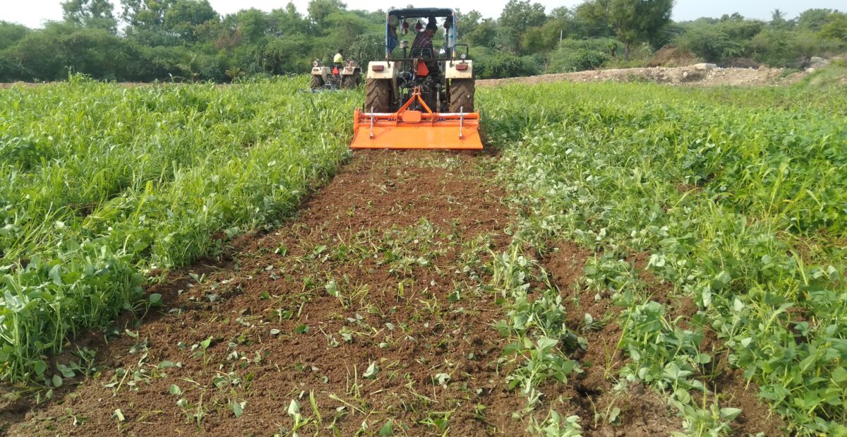 Farmers use a rotavator to uproot and crush a row of plants in June 2023. Credit: Revanna Siddamma, Prarambha