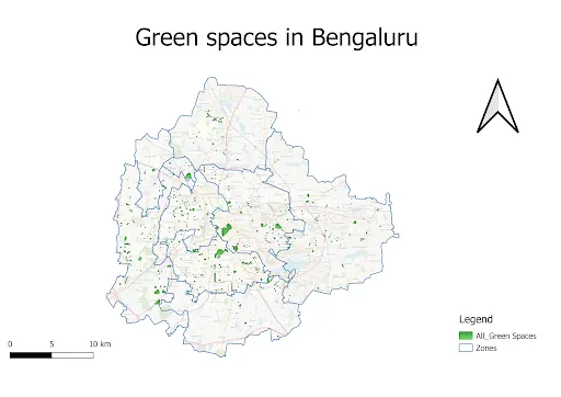 A map marking Bengaluru's green spaces