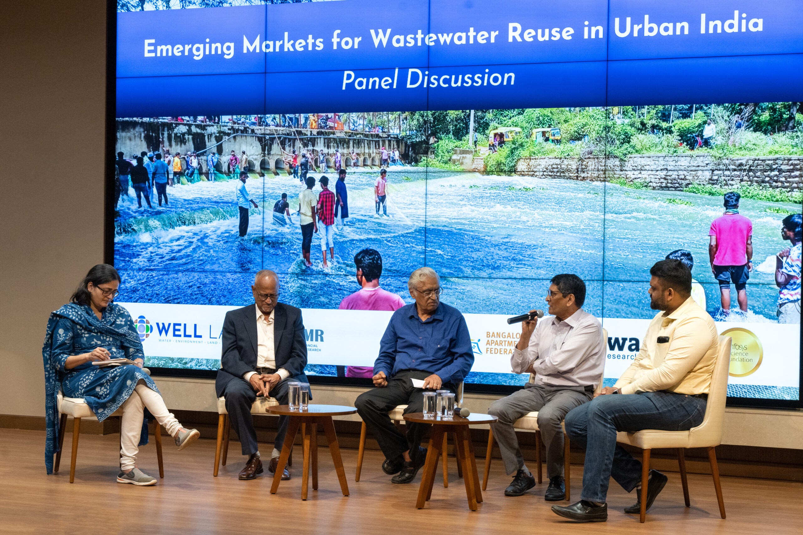Founder of Citizen Matters, Meera K, leads a panel discussion on markets for wastewater reused with Dr Ananth Kodavasal, Mr Satish Mallya, Mr Suhail Rahman at the Infosys Science Foundation on October 17. The conference was organised by WELL Labs with EAWAG and BAF. 