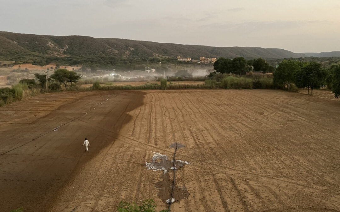 Farmland being prepared for sowing Rabi season crops (mustard, wheat, jowar) in Neemli, Rajasthan, using a sprinkler irrigation system. The picture was captured on 13th October, 2023.