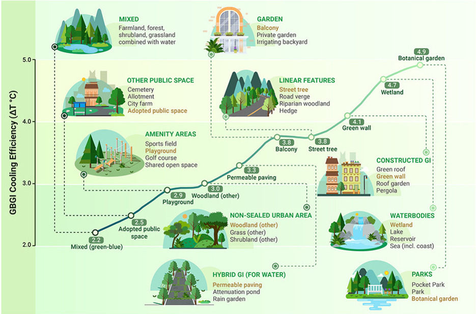 Green infrastructure regulates heat through evaporation, shading transpiration and thermal insulation. Blue infrastructure absorbs heat and cools the surrounding area through evaporation.