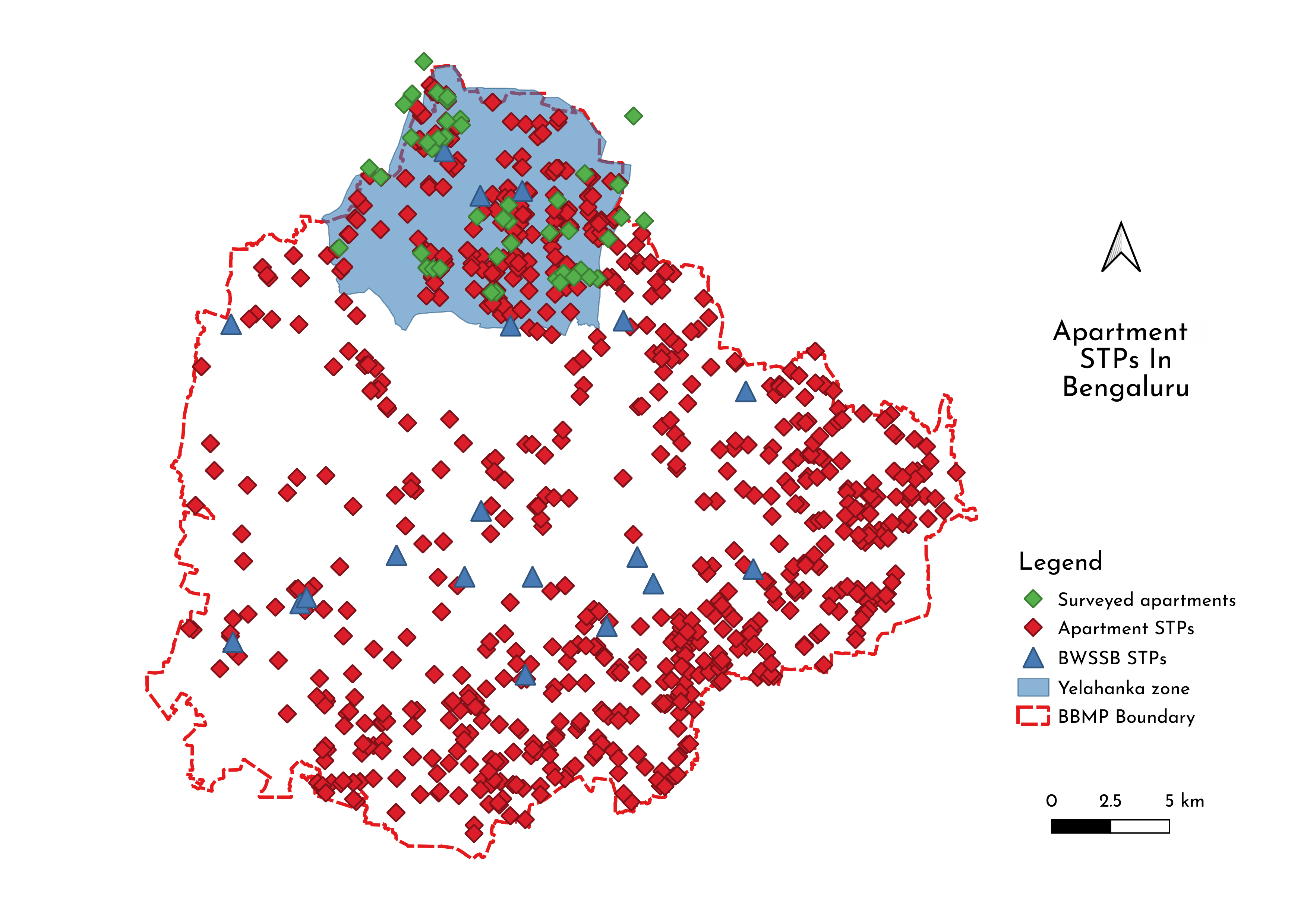 Map of decentralised sewage treatment plants in apartments in the Yelahanka zone, Bengaluru.