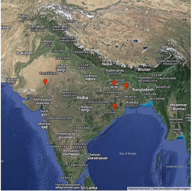 The map shows four administrative blocks selected for formative research and field testing