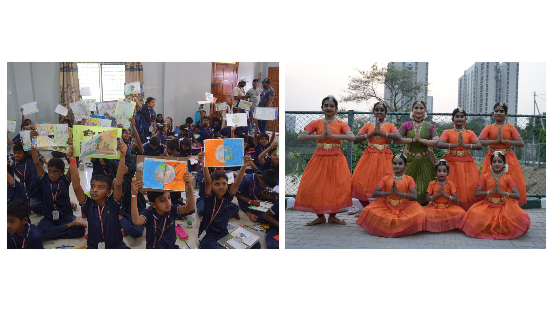 Untitled design Image on the left: Children wearing school uniform and sitting on the floor hold up drawings of water and the earth. Image on the right: children wearing Bharatanatyam costumes pose for the camera.