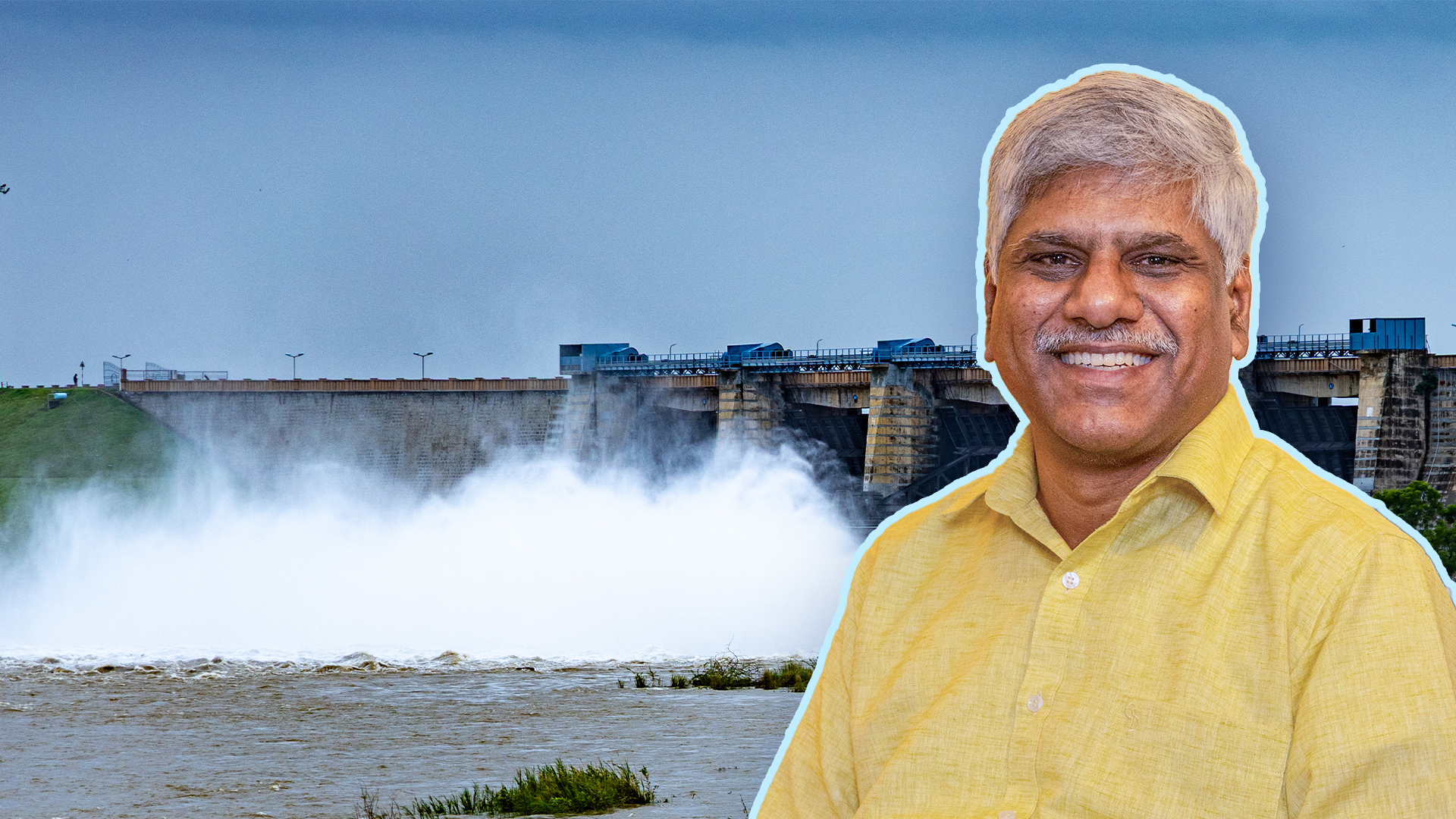 An image of Dr. Rao, with a dam in the background. 
