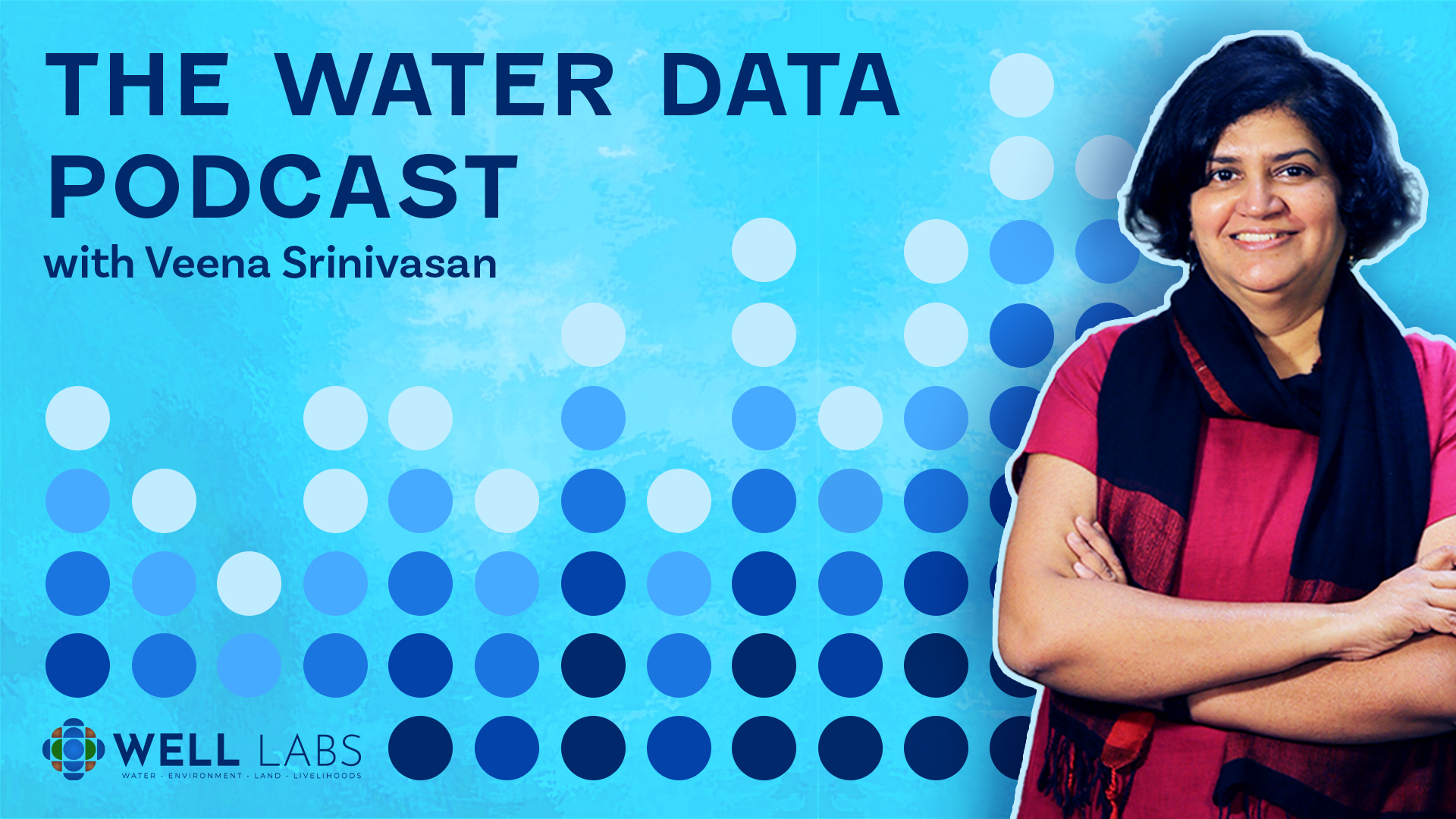 Veena Srinivasan standing against a blue backdrop with The Water Data Podcast with Veena Srinivasan written on the top left.