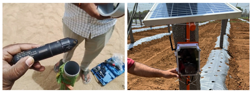 The team installed a pressure transducer (left) and a soil moisture sensor (right) in Toopran, Telangana, to monitor the impact of a borewell recharge structure and land conservation technique, respectively. Photo credit: Lakshmikantha N R and Vanya Mehta