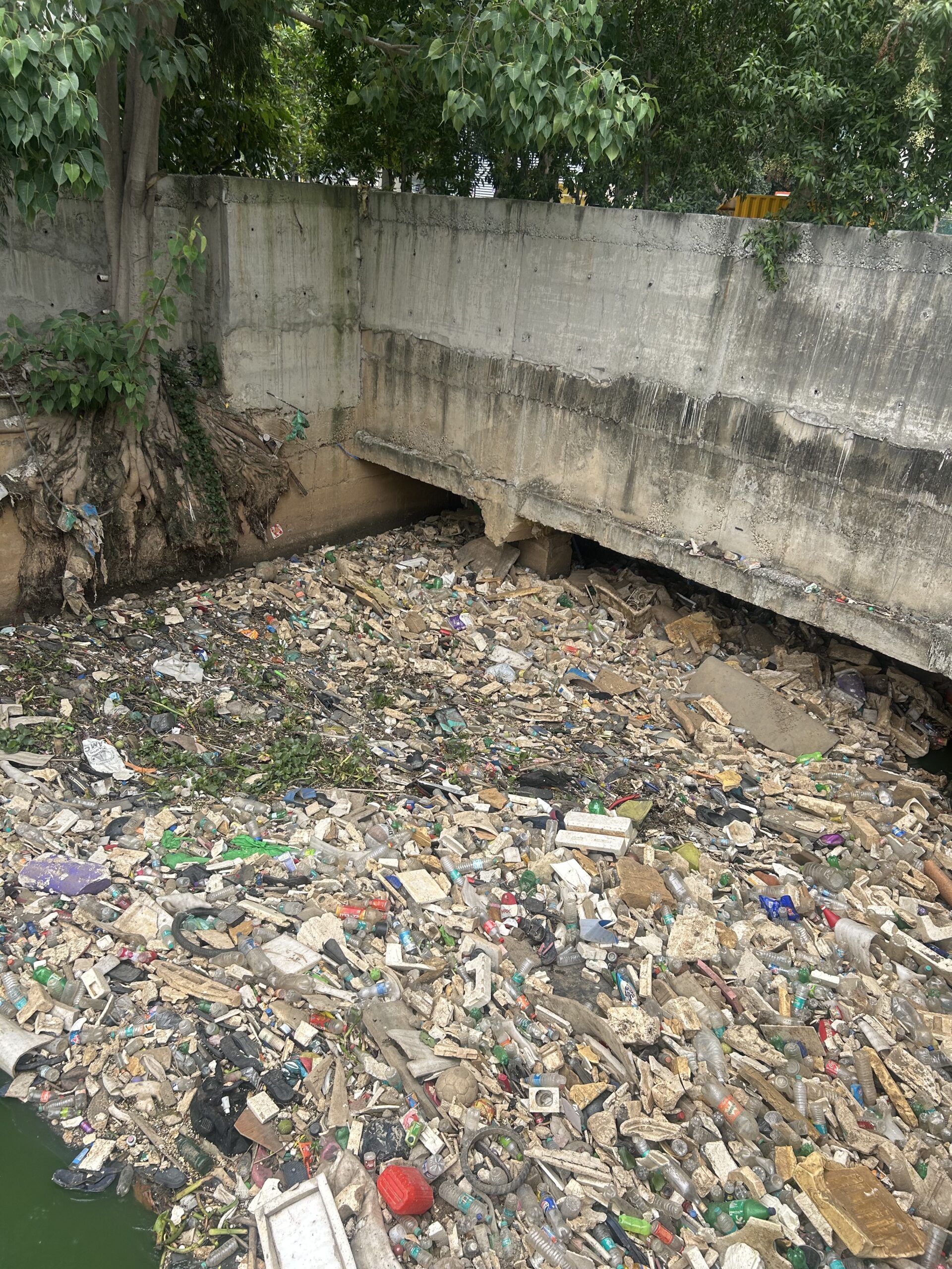 An image of a large cemented drain carrying stromwater. Garbage chokes the surface of the sstormwater. 