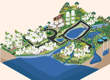 An illustration of a sewage treatment plant connected to an urban lake.