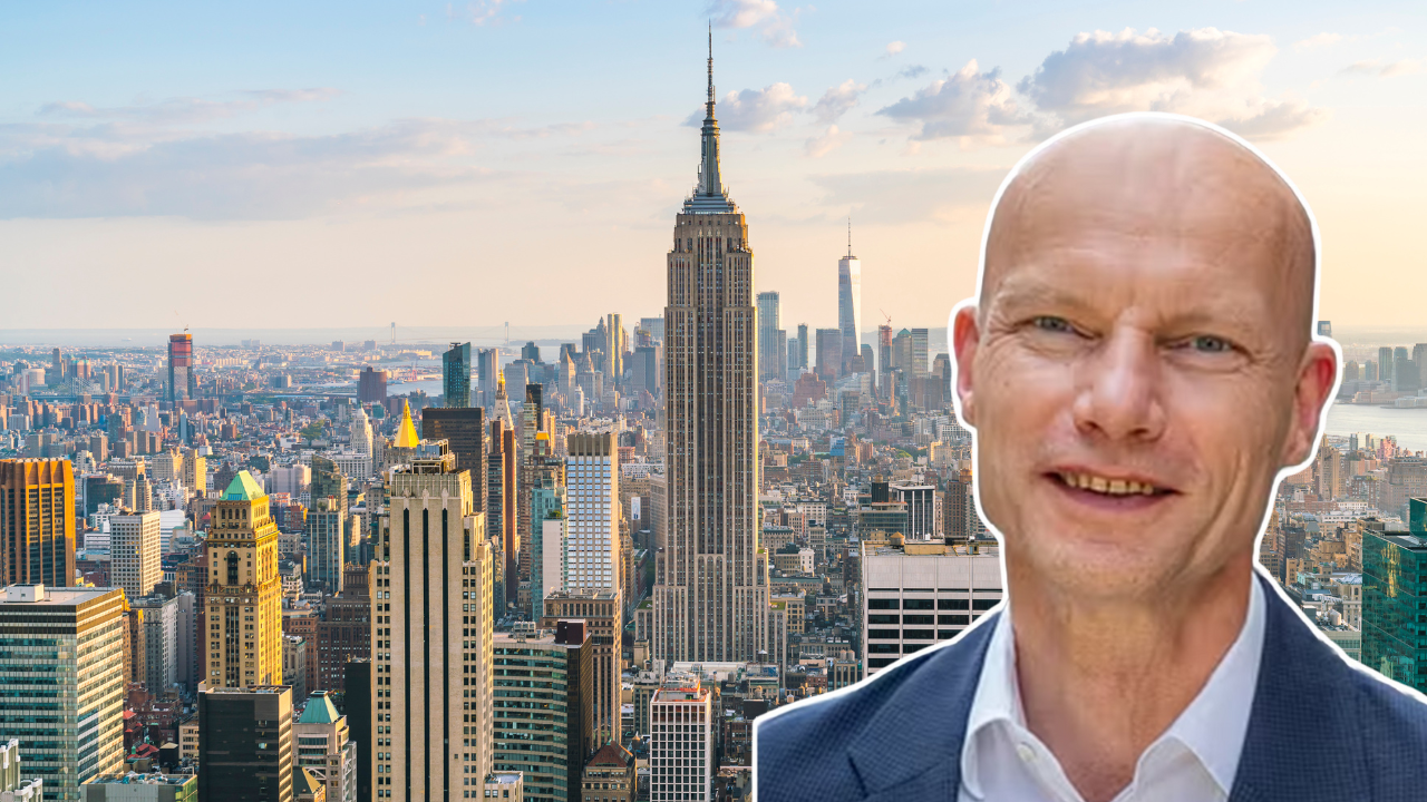 Image of Alan MacDonald in the foreground, and an image of the Ganges river basin in the background. Clear water flows in the river from hills, towards the viewer.
