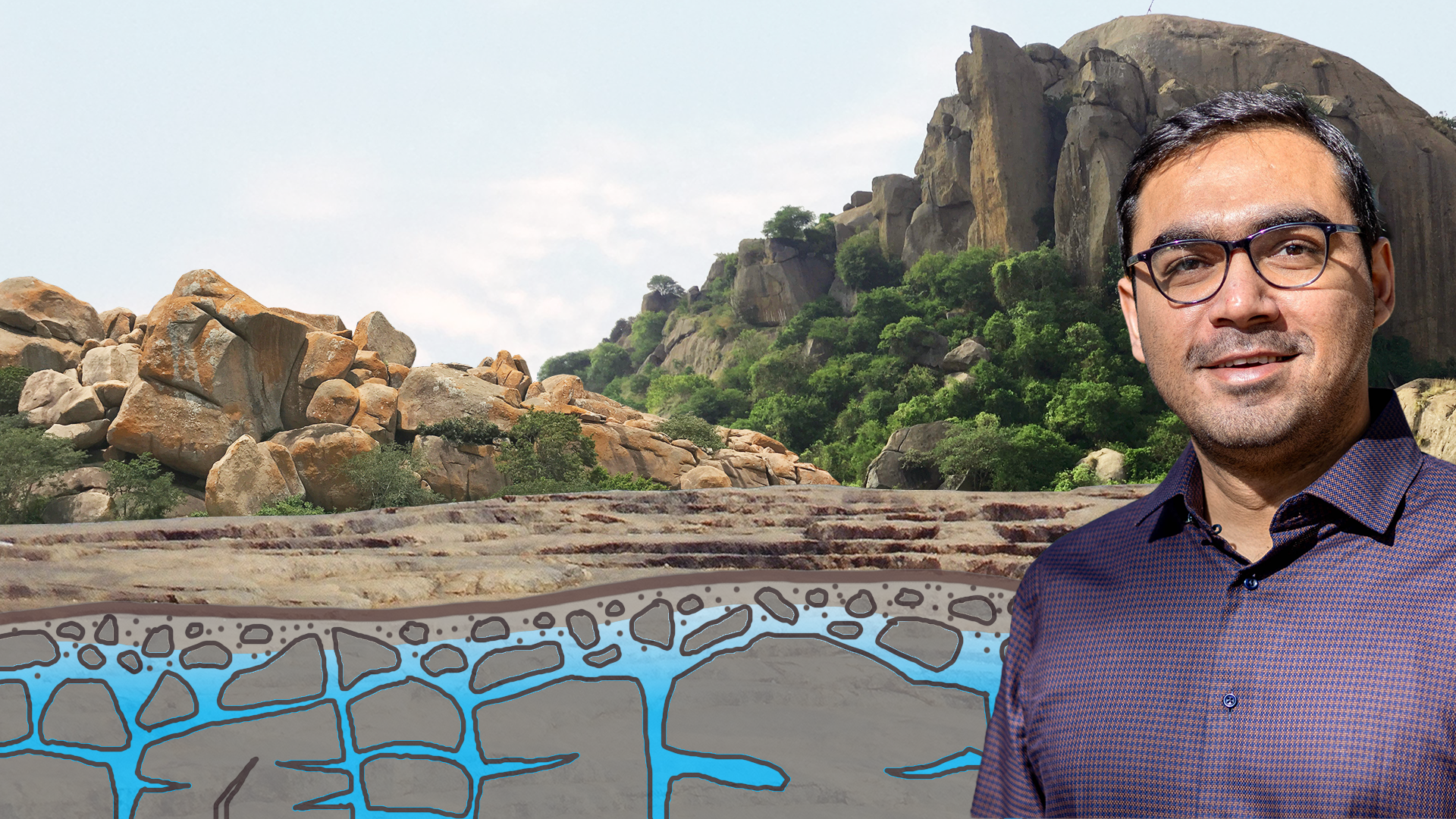 An image of Dr. Rao, with a dam in the background. 