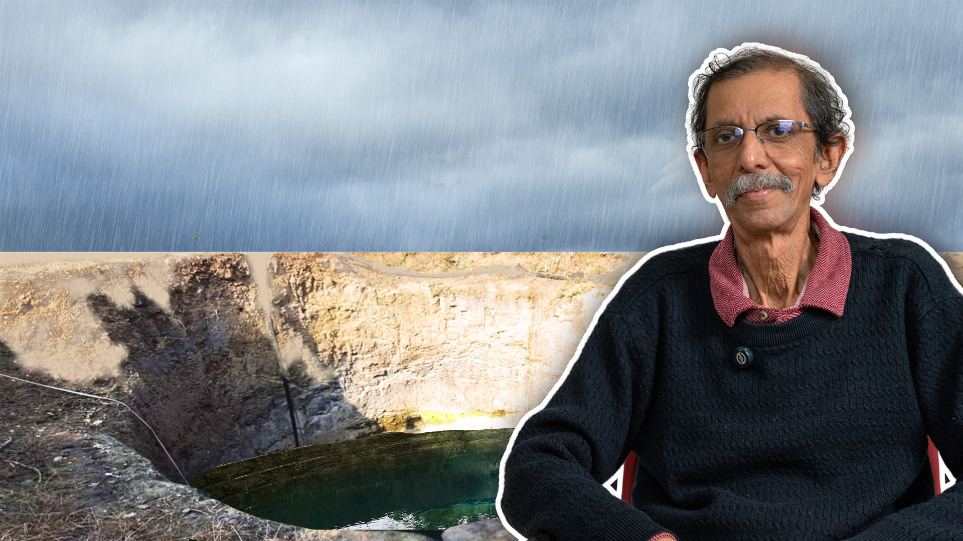 Image of Alan MacDonald in the foreground, and an image of the Ganges river basin in the background. Clear water flows in the river from hills, towards the viewer.