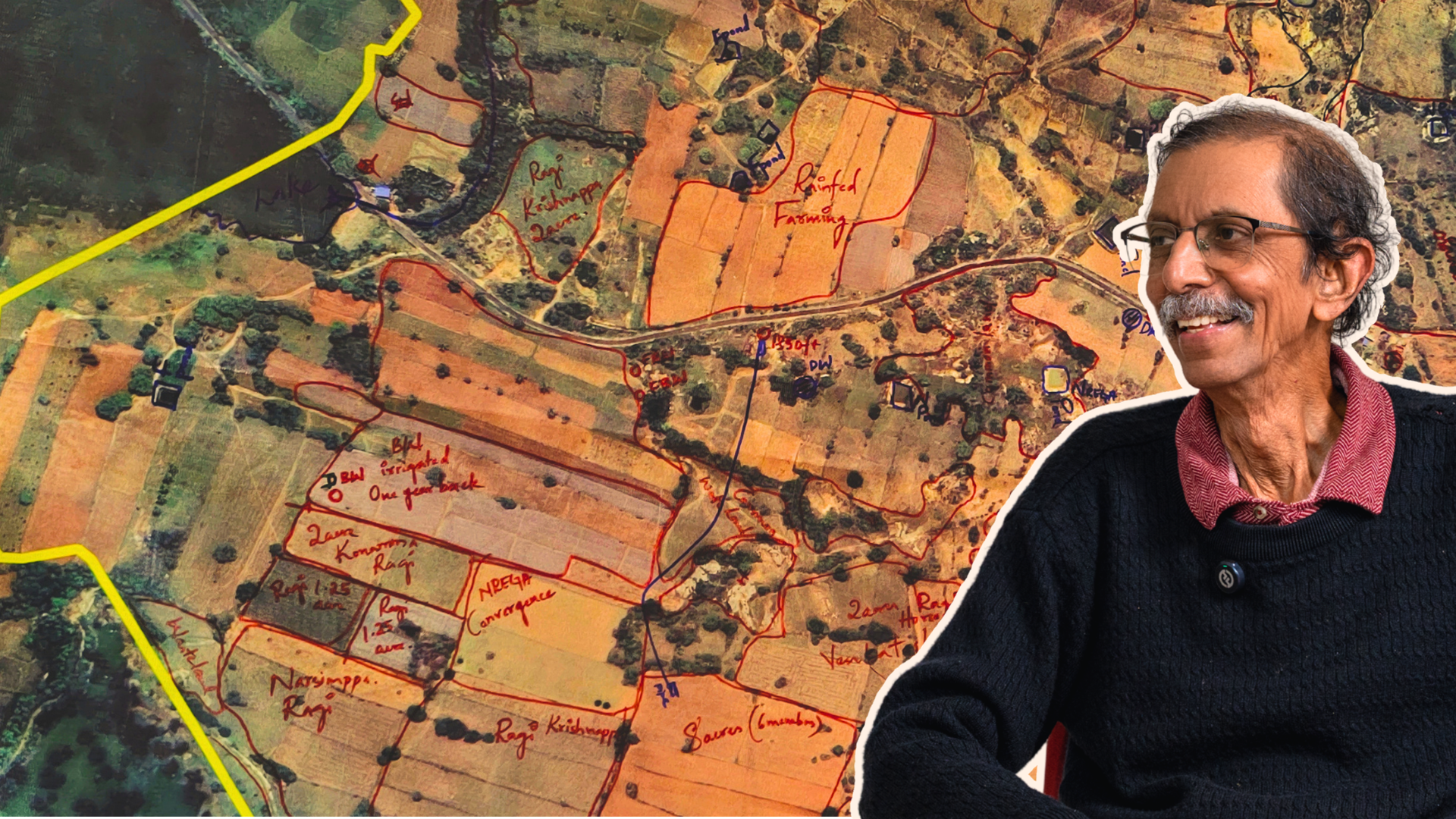 The background is a drone image of a large area covered in crop fields. Different forms on this image are marked out by red and blue markers. In the foreground, an image of Dr. Himanshu Kulkarni.