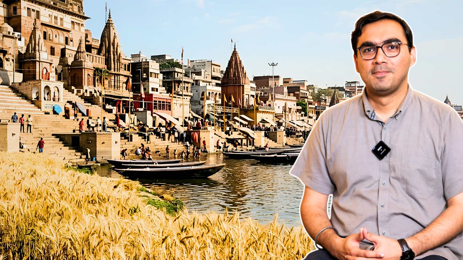 An image of the Deccan traps – large hills with layers of basalt – in the background, and Vivek Grewal in the foreground.