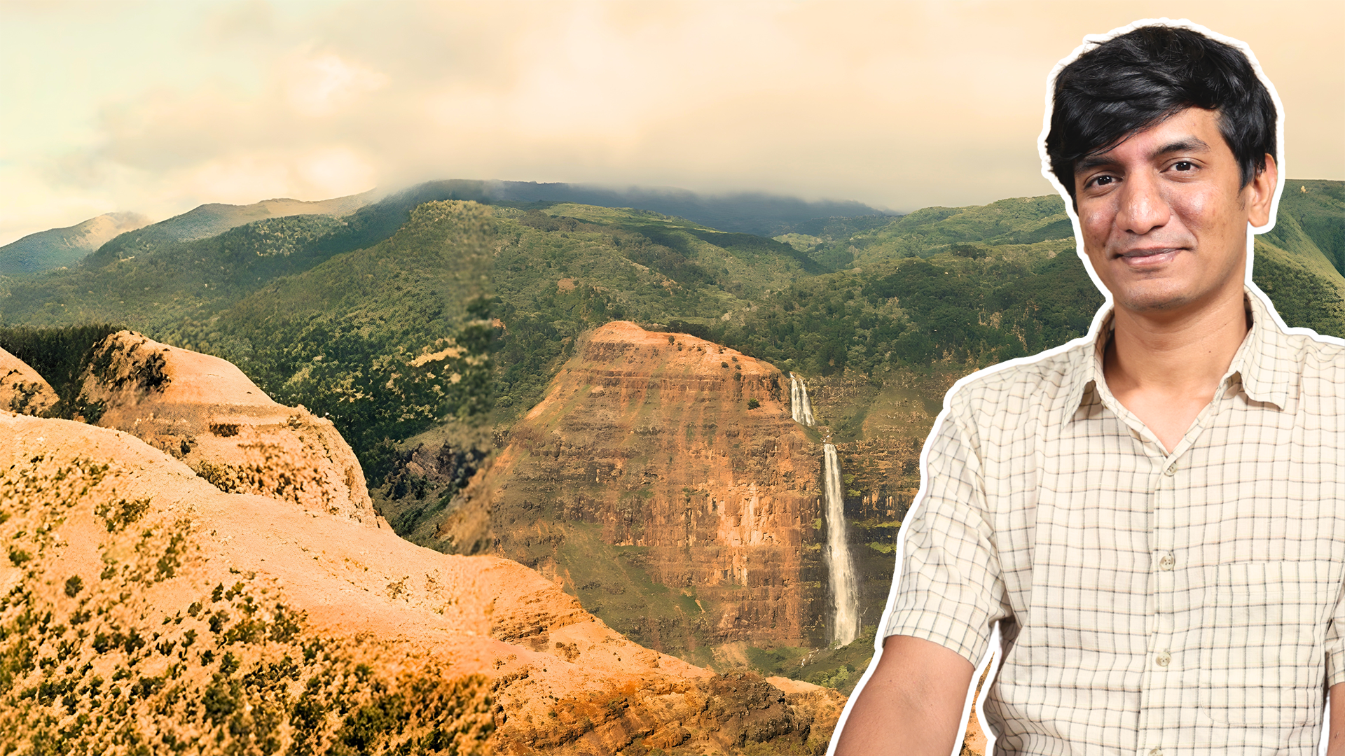 An image of Dr. Rao, with a dam in the background. 