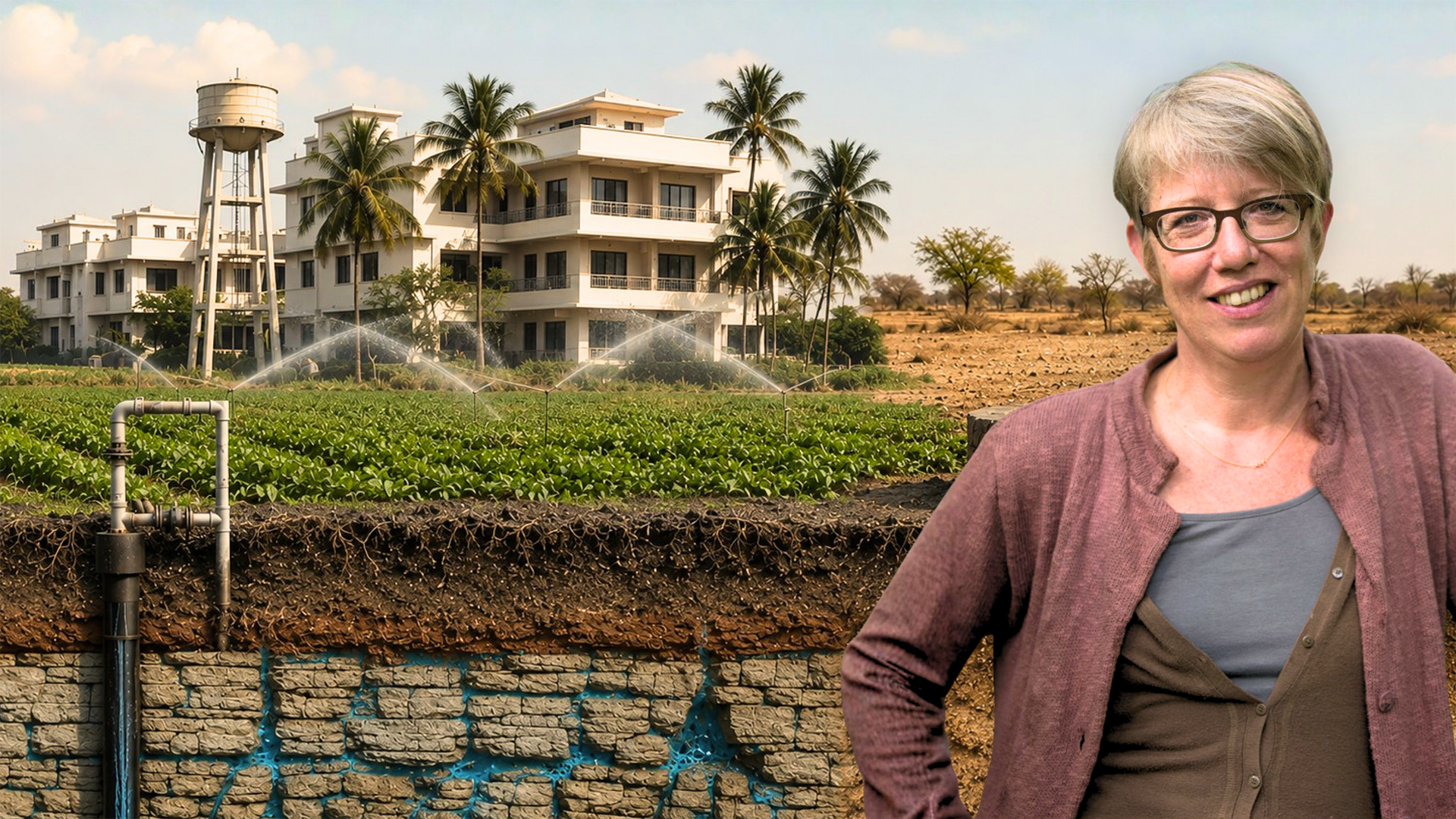 Image of Alan MacDonald in the foreground, and an image of the Ganges river basin in the background. Clear water flows in the river from hills, towards the viewer.